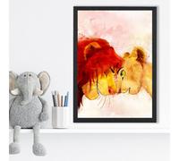 Artze Wall Art Simba And Nala Watercolour Lion King Framed Print Size: A3 With Black Frame