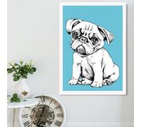 Artze Wall Art Sketch Pug Dog On Bright Blue Framed Print Size: A2 With White Frame