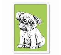 Artze Wall Art Sketch Pug Dog On Bright Green Art Print With White Frame Size: A4