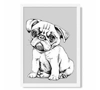 Artze Wall Art Sketch Pug Dog On Light Grey Art Print With White Frame Size: A4