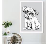 Artze Wall Art Sketch Pug Dog On Light Grey Framed Print Size: A2 With White Frame