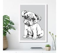 Artze Wall Art Sketch Pug Dog On Light Grey Framed Print Size: A3 With White Frame