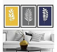 Artze Wall Art Tropical Fern Art Print 3-Piece Set, 30 cm Width x 40 cm Height, Yellow/Grey/Navy