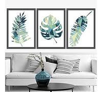 Artze Wall Art Tropical Leaf Art Print Poster 3-Piece Set, 30 cm Width x 40 cm Height, Teal/Green