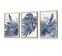 Artze Wall Art Tropical Leaves Navy Blue Abstract Set of 3 Framed - 50x70cm - Light Oak