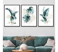 Artze Wall Art Tropical Leaves Wall Art Prints 3-Piece Set, 61 cm Width x 91 cm Height, Teal Blue
