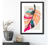Artze Wall Art Tropical Monstera Blue And Pink Boho Botanical Framed Print Size: A3 With Black Frame
