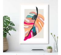 Artze Wall Art Tropical Monstera Blue And Pink Boho Botanical Framed Print Size: A3 With White Frame