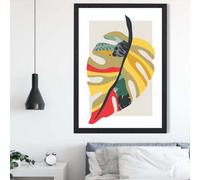Artze Wall Art Tropical Monstera Green And Red Minamilist Framed Print Size: A2 With Black Frame