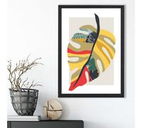 Artze Wall Art Tropical Monstera Green And Red Minamilist Framed Print Size: A3 With Black Frame