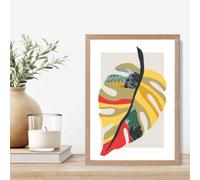 Artze Wall Art Tropical Monstera Green And Red Minamilist Framed Print Size: A4 With Oak Frame