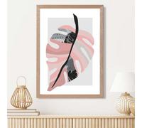 Artze Wall Art Tropical Monstera Grey And Pink Boho Botanical Framed Print Size: A3 With Oak Frame