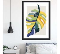 Artze Wall Art Tropical Monstera Teal And Green Mid Century Modern Framed Print Size: A2 With Black Frame