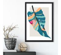 Artze Wall Art Tropical Palm Blue And Pink Boho Botanical Framed Print Size: A3 With Black Frame
