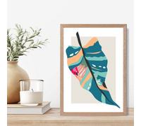 Artze Wall Art Tropical Palm Blue And Pink Boho Botanical Framed Print Size: A4 With Oak Frame