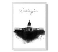 ARTZE Washington Watercolour Skyline City Framed Print SIZE: A2 with White Frame in Black | Size: A3 ARTZE Black A3