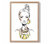 ARTZE Woman Face Pen & Ink Sketch Framed Print SIZE: A3 with Oak Frame in Yellow | Size: A4 ARTZE Yellow A4