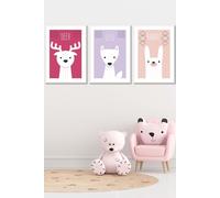 ARTZE Women's Scandi Nursery Forest Animals Pink Lilac Framed Wall Art - Medium in White | Size: W45 cm x H62 cm x D20mm ARTZE White W45 cm x H62 cm x D20mm