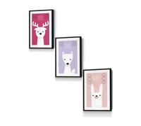 ARTZE Women's Scandi Nursery Forest Animals Pink Lilac Framed Wall Art - Small in Black | Size: W33 cm x H45 cm x D20mm ARTZE Black W33 cm x H45 cm x D20mm