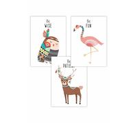 ARTZE Women's Set of 3 Nursery Tribal Owl, Flamingo, Deer Quote Art Posters in Pink | Size: W30 cm x H42 cm ARTZE Pink W30 cm x H42 cm