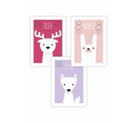 ARTZE Women's Set of 3 Scandi Nursery Forest Animals Pink Lilac Art Posters in Pale Pink | Size: W50 cm x H70 cm ARTZE Pale Pink W50 cm x H70 cm