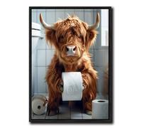 ARTZIO Highland Cow Framed Canvas Prints Art, Funny Animal Print for Bathroom, Vintage Retro Farmhouse Toilet Decor, Humorous Cow Lovers Gift, Painting Wall Decorations, Ready to Hang (8”x10”)