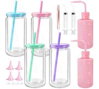 Aruatu 4 Pcs Plastic Snow Globe Tumbler Supplies 16 Oz Double Wall Tumbler Cups with Lid and Straw Including Squeeze Bottle Bent Spout Syringe Tweezers Funnels for DIY Craft Glitter Kit (Colorful)