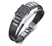 Aruie 20.5CM Route 66 Tag Retro Multi Row Leather Alloy Bracelet Hand Rope for Men