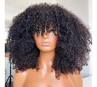 ARUKIHAIR Afro Kinky Curly Wig With Bangs Full Machine Made Scalp Top Wig 200 Density Virgin Brazilian Short Curly Human Hair Wigs Natural Color 20 inch