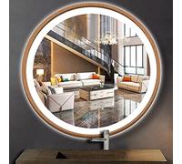 ARUMMA 24 Inch Wood Bathroom Round LED Mirror with Lights Wood Frame Round Lighted Mirror for Bathroom Wall Round Vanity Lighted Mirrors 3 Color Dimmable Anti Fog Bathroom Circle Smart Light up Mirror