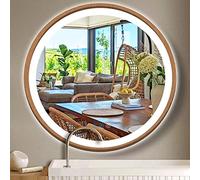 ARUMMA Wood Frame Round LED Bathroom Mirror With Lights 20 Inch, Lighted Vanity Wall Mirror, 3 Color Dimmable Anti-Fog Smart Circle Mirror