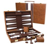ARUOHHA 15 Inches Backgammon Sets for Adults, Leatherette Back Gammon Board Game Set with PU Leather Case, Portable Travel Backgammon Set with Accessories Board Encased, Brown