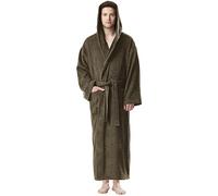 Arus Bathrobe for men's hooded, 100% cotton terry, calf length, Khaki Green, S-M
