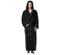 Arus Men's Fleece Robe, Long Hooded Turkish Bathrobe, Black, S/M