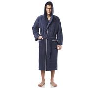 Arus Men's Hooded Classic Bathrobe Turkish Cotton Robe with Full Length Options, Navy Blue With Gray Border, XX-L