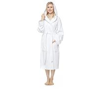 Arus Women's bathrobe with hood, calf-length, 100% cotton terry, White, S-M