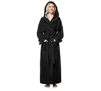 Arus Women's bathrobe with hood, full length, 100% cotton terry, Black, L-XL long