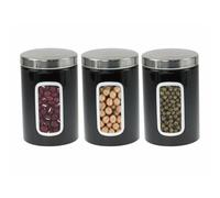 ARUUJ 3pcs Modern Minimalist Stainless Steel Kitchen Canister Set - Tea, Coffee, Sugar Container Multi Food Storage Jars - Secure Lids & Glass Front Viewing Window - Stackable - Medium Size