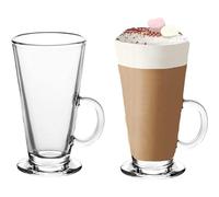 ARUUJ Set of 2 Large Tall Lattee Glasses 270ml Mugs - Cappuccino Coffee Hot Chocolate Drinks Cups - Entertain Glasses for Iced Coffee, Latte, Irish Coffee - Tea Espresso Clear Glasses with Handle Mugs