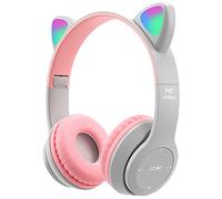 arVin Wireless Kids Headphones, Bluetooth Kids Headset Over Ear with Microphone, Cat Ear LED Light Foldable Child Earphones for Girls Boys Gift Age 7+ (Grey)