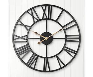 ARVINKEY Silent Wall Clock, European Farmhouse Vintage Clock with Roman Numerals, 40cm Non-Ticking Battery Operated Metal Skeleton Decorative Clock for Home Kitchen (Black)