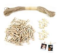 Arvoni 150 Pcs Photo Clips Pegs, Mini Wooden Pegs with 20m Jute String, Small Photo pegs and String for Photos Wall Display, Craft, Weddings, Party and DIY Decorations