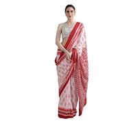 Arwacraft Pure Cotton Mulmul Saree, Grey, Blue and Red Ikat Print, Traditional Pattern with Printed Blouse Piece-ARC001