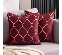 Arwllzz Burgundy Decorative Velvet Cushion Covers 40 x 40 cm Luxury Golden Lines Throw Pillow Case Modern Square Pillowcases with Invisible Zipper for Bedroom Couch Car (16 x 16 Inch, Wine Red)