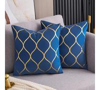 Arwllzz Navy Blue Velvet Cushion Covers 40x40 Set of 2 Luxury Golden Decorative Throw Pillow Case Soft Stripes Texture Modern Square Pillowcases for Sofa Couch Bedroom (16 x 16 Inch)