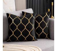 Arwllzz Velvet Cushion Covers Soft Square 40 x 40cm Black Golden Lines Geometry Striped Decorative Throw Pillowcases with Hidden Zipper for Couch Sofa Bedroom Car Decor Pack of 2