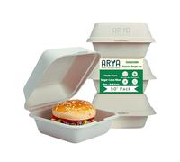 Arya PACKAGING 1 Compartment Bagasse Clamshell Takeaway Box, Eco-Friendly Clamshell Biodegradable Sugarcane bagasse Hinged Disposable Food Container Burger boxes (6X6 IN (Pack of 50))
