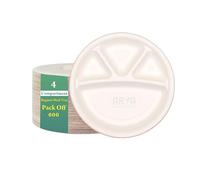 Arya PACKAGING Disposable Plates 11” inch 4 Compartment Round Plates, Sugarcane Bagasse Paper Trays, Perfect for Parties Picnics Family Dinners and Celebration Portion Control Plates. (Pack of 600)