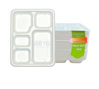 Arya PACKAGING Pack of 500 Disposable Plates with 5 compartments, 11” x 8.5” and 3cm Deep Sugarcane Bagasse Paper Food Trays Dinner Plate, Divided Dish Section for Hot Food, Portion Control Plate