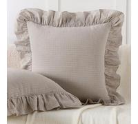 Aryeleay 2 Pack Brown White Plaid Gingham Ruffle Pillow Shams, 100% Washed Cotton Checkered Farmhouse Pillow Covers for Bed/Sofa-18x18